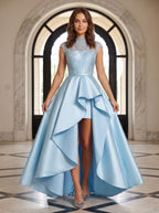 Sky Blue Satin A-Line Scoop Neck Back Zip Floor-Length Dress with Lace Applique Bodice and Side Slit - Curvevia