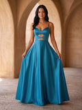 Peacock Blue Satin A-Line V-Neck Back Zip Floor-Length Dress with Spaghetti Straps - Curvevia