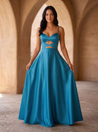 Peacock Blue Satin A-Line V-Neck Back Zip Floor-Length Dress with Spaghetti Straps - Curvevia
