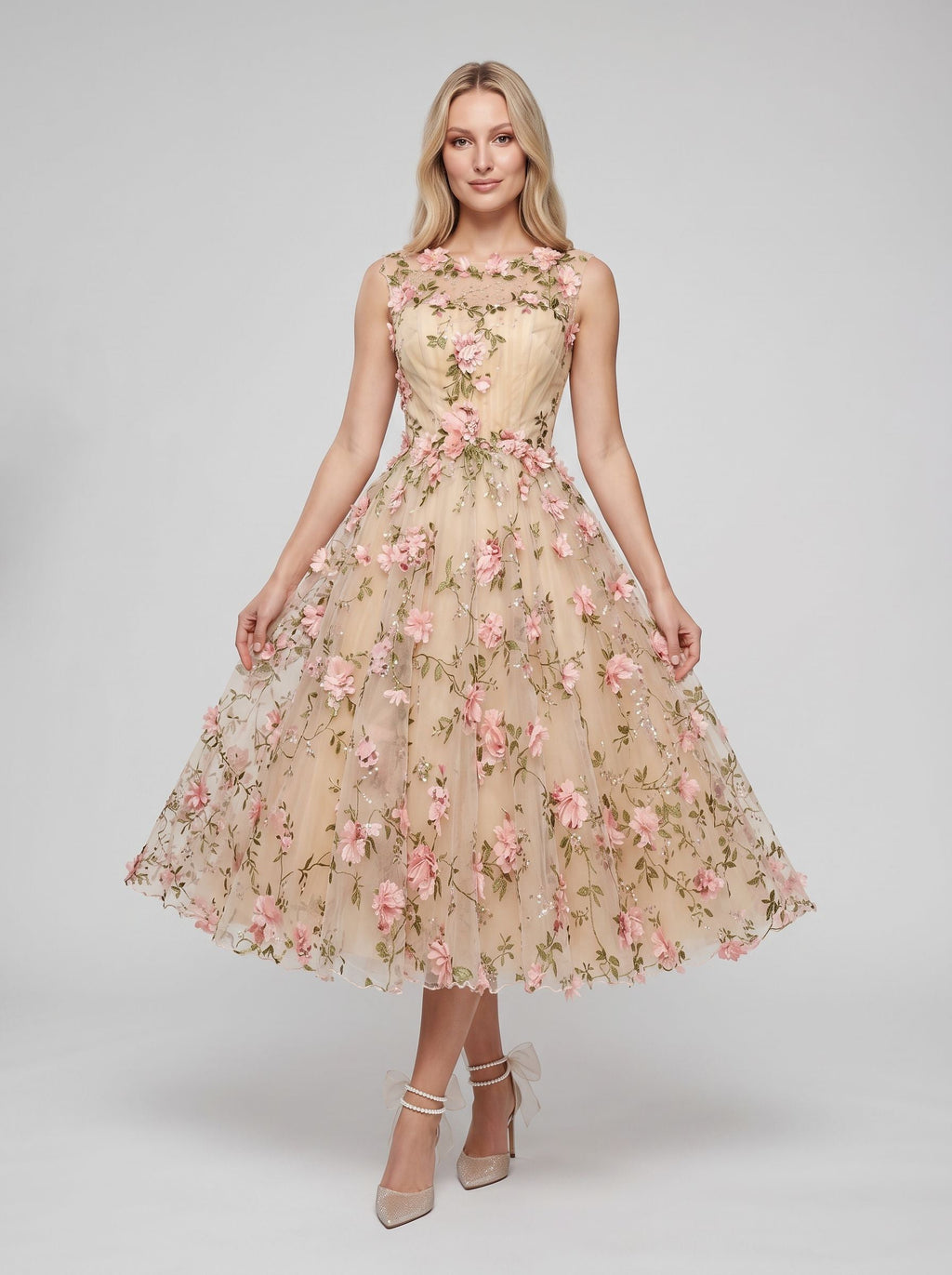 Blush Floral Tulle A-Line Scoop Neck Keyhole back Tea-Length with 3D Floral Appliques - Curvevia