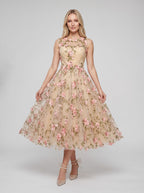 Blush Floral Tulle A-Line Scoop Neck Keyhole back Tea-Length with 3D Floral Appliques - Curvevia