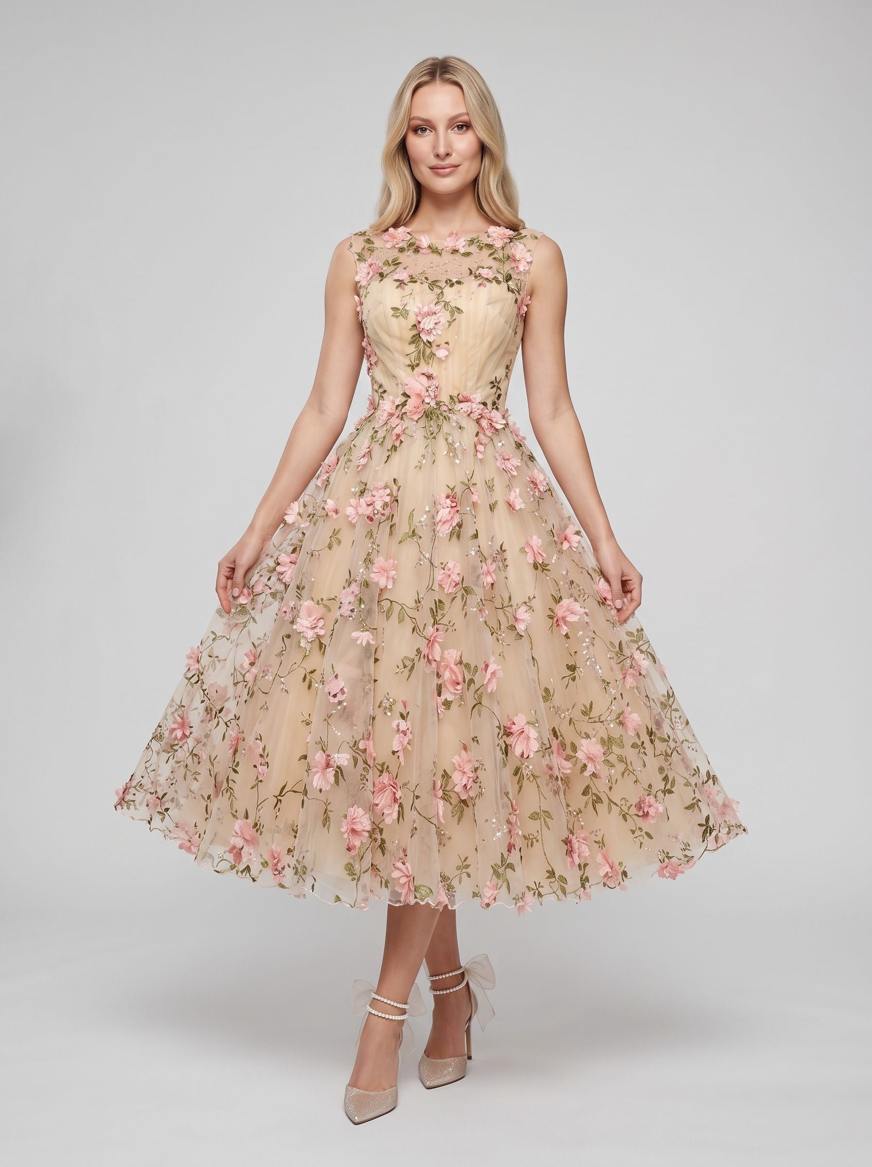 Blush Floral Tulle A-Line Scoop Neck Keyhole back Tea-Length with 3D Floral Appliques - Curvevia