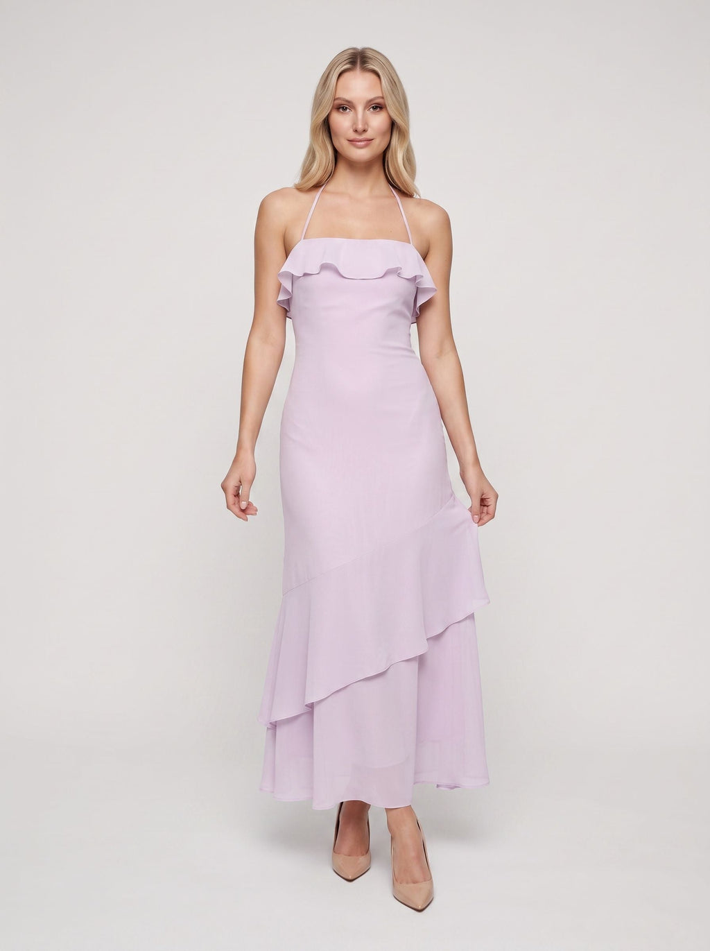 Lilac Chiffon Sheath Halter neckline Backless Floor-Length Dress with Tiered Hem - Curvevia