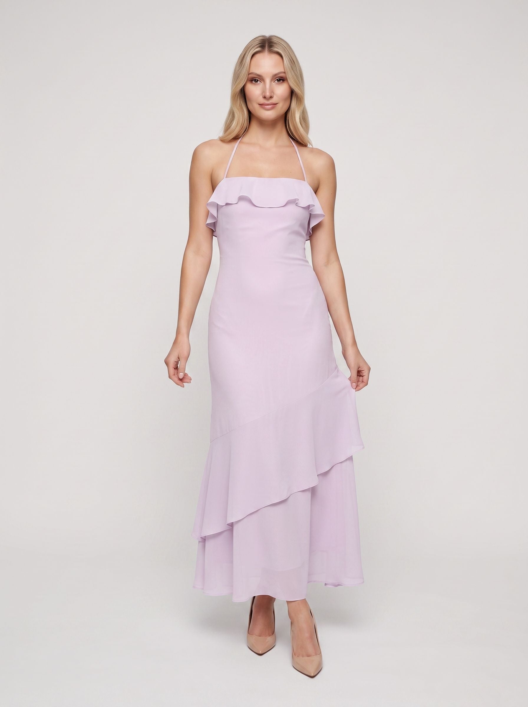 Lilac Chiffon Sheath Halter neckline Backless Floor-Length Dress with Tiered Hem - Curvevia