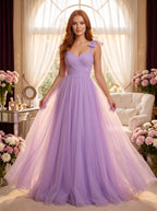 Lavender Tulle A-Line Sweetheart Backless Floor-Length Dress with Bow Shoulder Ties - Curvevia