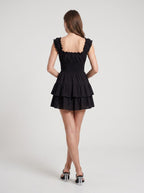 Black Satin A-Line Square Neck Back Zip Short Dress with Ruched Bodice and Layered Skirt - Curvevia