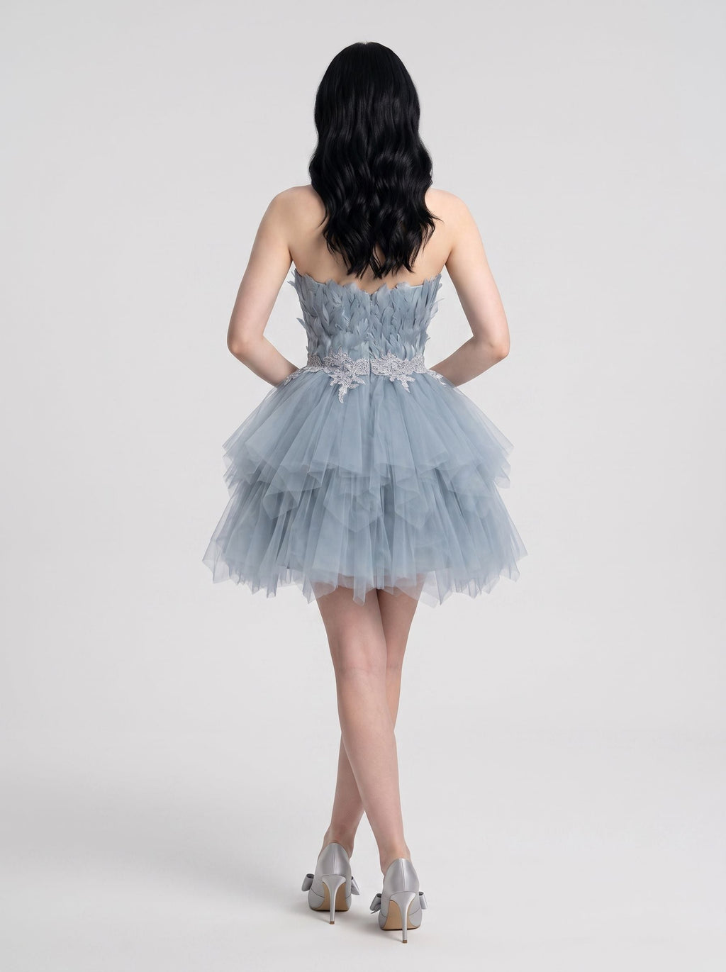 Dusty Blue Satin and Tulle A-Line Sweetheart Back Zip Short Dress with Ruched Satin Bodice - Curvevia