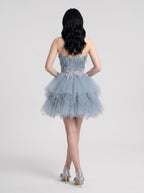 Dusty Blue Satin and Tulle A-Line Sweetheart Back Zip Short Dress with Ruched Satin Bodice - Curvevia