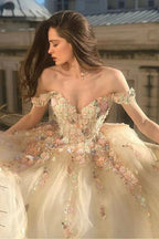 Off Shoulder Long Champagne Lace Champagne Quinceanera Dresses - Curvevia