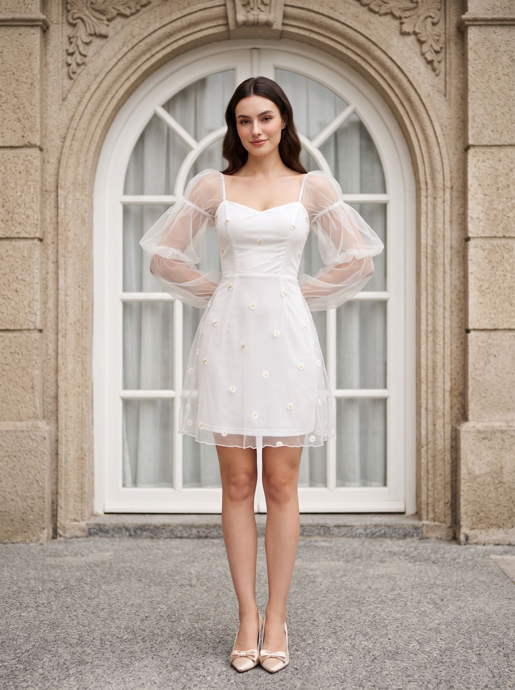 White Tulle Sheath V-Neck Back Zip Short Dress - Curvevia