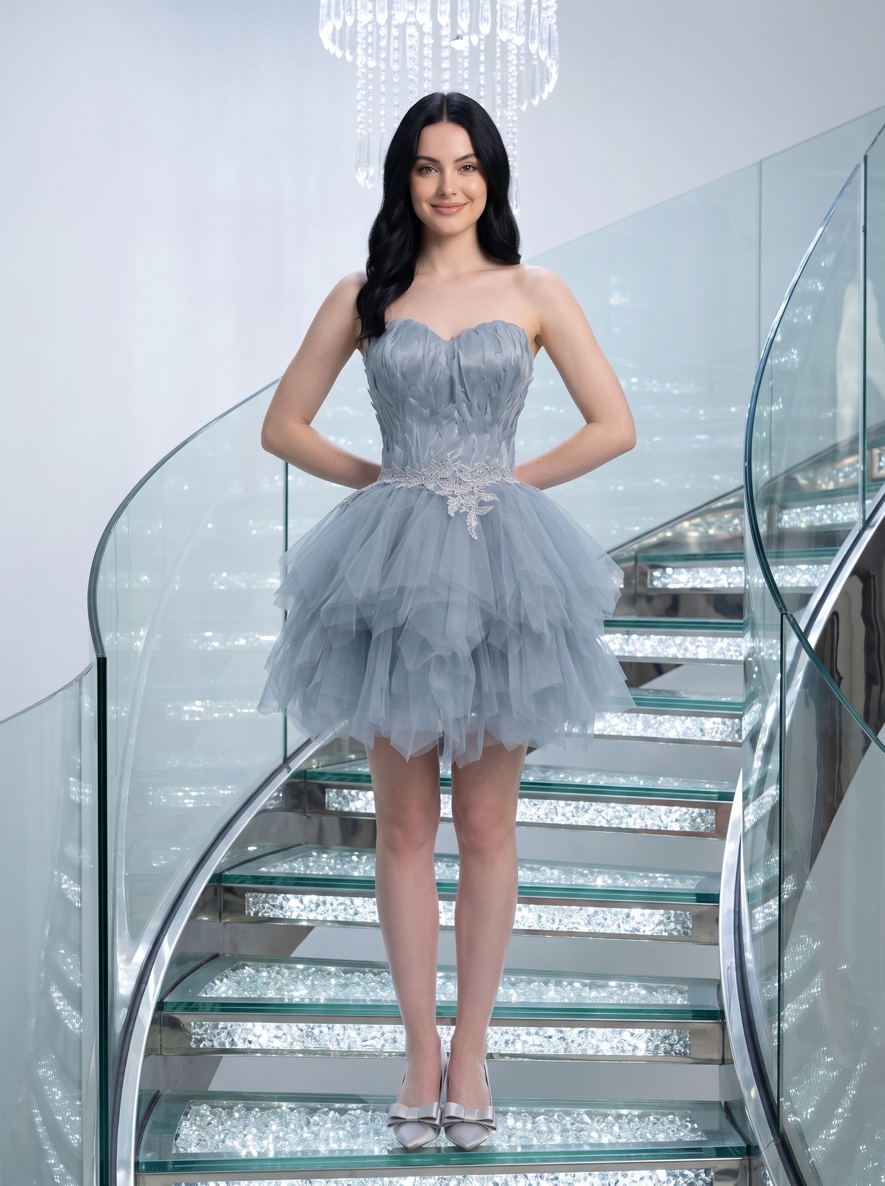 Dusty Blue Satin and Tulle A-Line Sweetheart Back Zip Short Dress with Ruched Satin Bodice - Curvevia