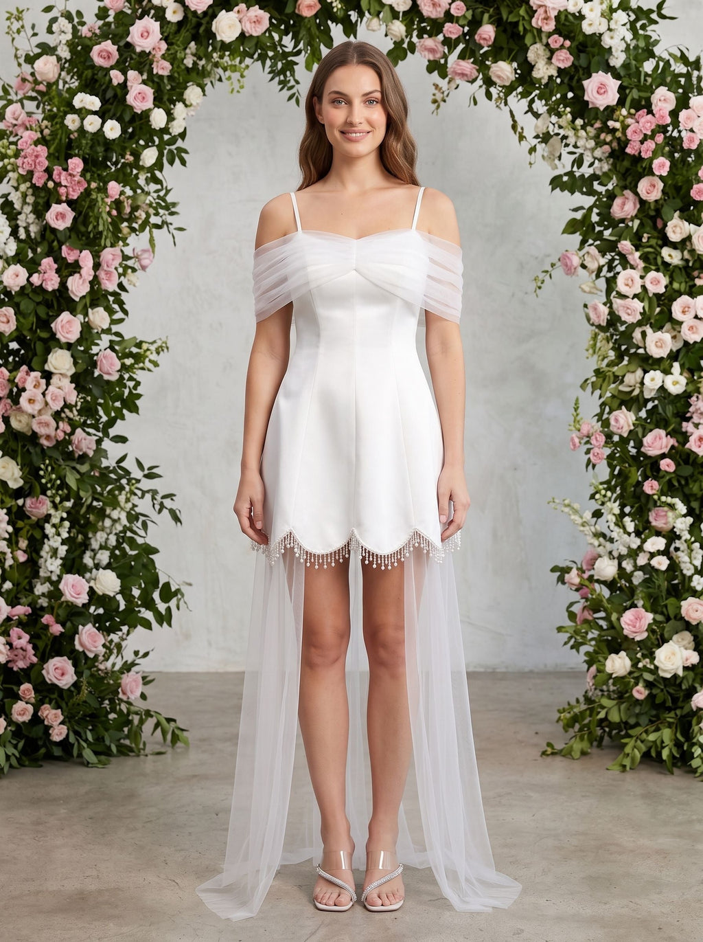 White Satin Tulle A-Line Off-the-Shoulder Illusion Mini Dress with Bead-Trimmed Hem - Curvevia