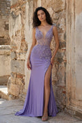 Charming Mermaid V Neck Sage Green Slit Prom Dresses with Appliques - Curvevia
