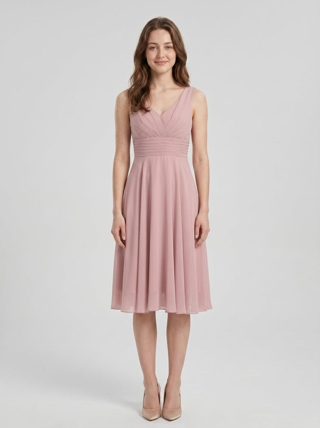 Coquette Dusty Rose Chiffon A-Line V-Neck V-Back with Knee-Length Bridesmaid Dress - Curvevia