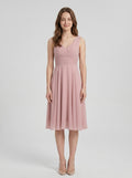 Coquette Dusty Rose Chiffon A-Line V-Neck V-Back with Knee-Length Bridesmaid Dress - Curvevia