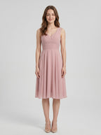 Coquette Dusty Rose Chiffon A-Line V-Neck V-Back with Knee-Length Bridesmaid Dress - Curvevia