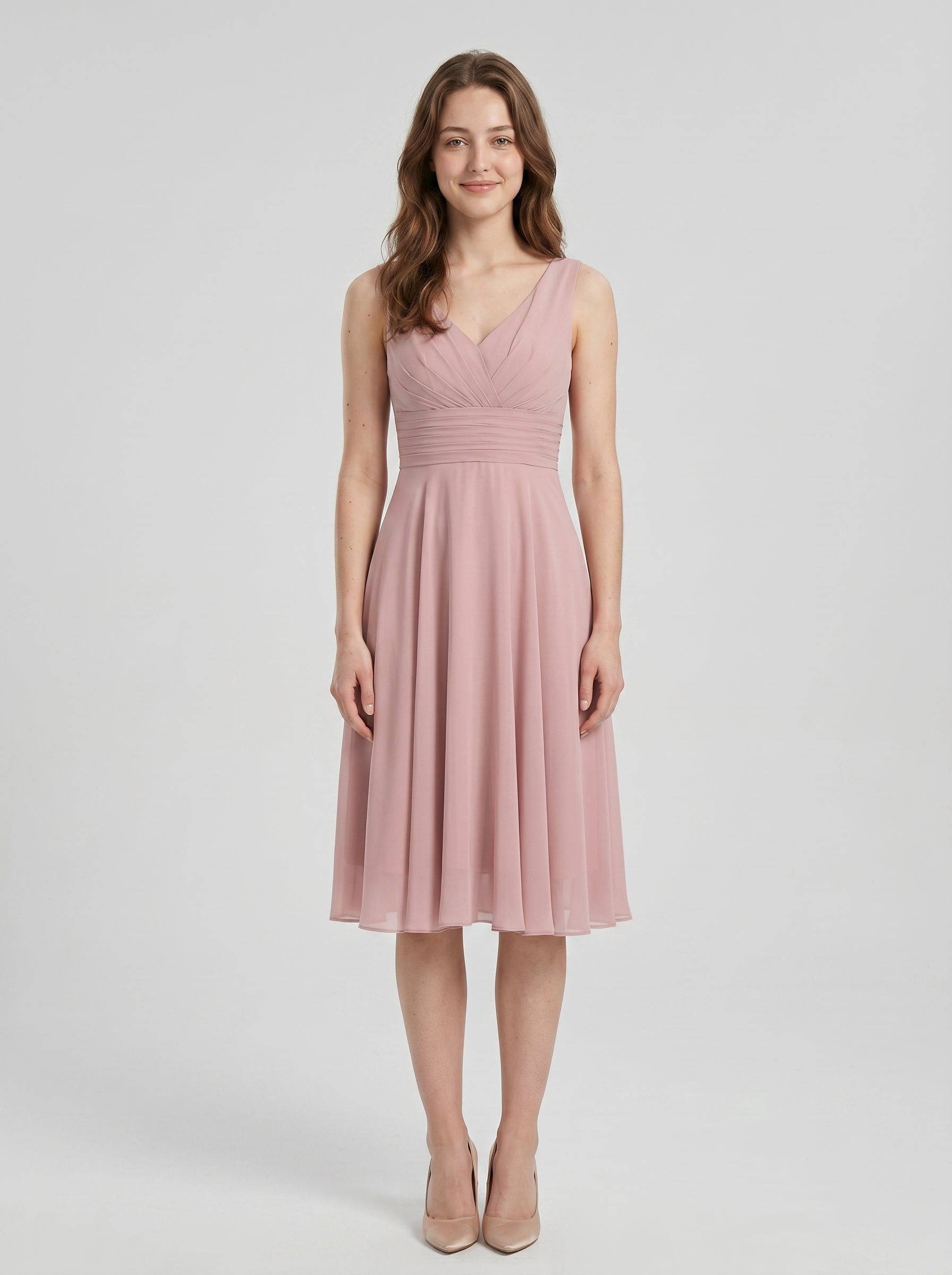 Coquette Dusty Rose Chiffon A-Line V-Neck V-Back with Knee-Length Bridesmaid Dress - Curvevia