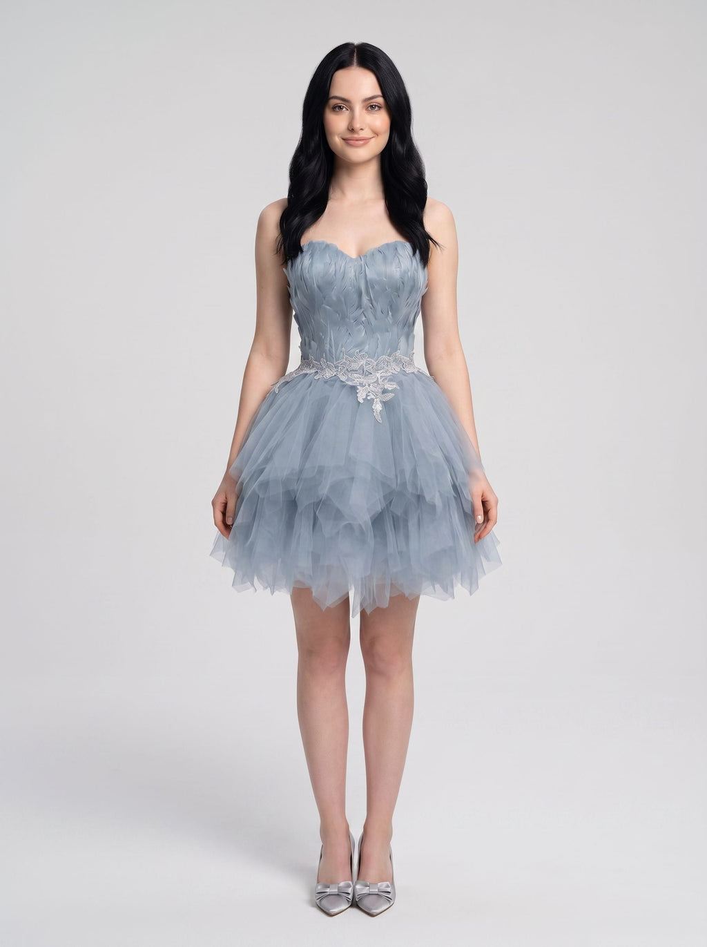 Dusty Blue Satin and Tulle A-Line Sweetheart Back Zip Short Dress with Ruched Satin Bodice - Curvevia