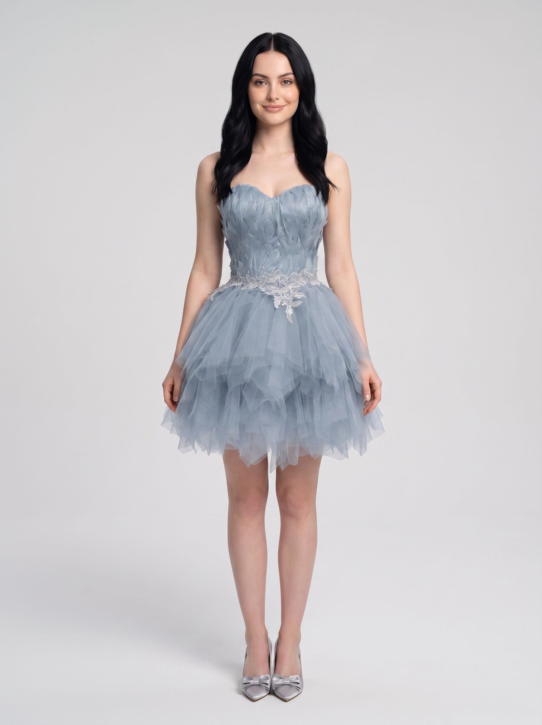 Dusty Blue Satin and Tulle A-Line Sweetheart Back Zip Short Dress with Ruched Satin Bodice - Curvevia