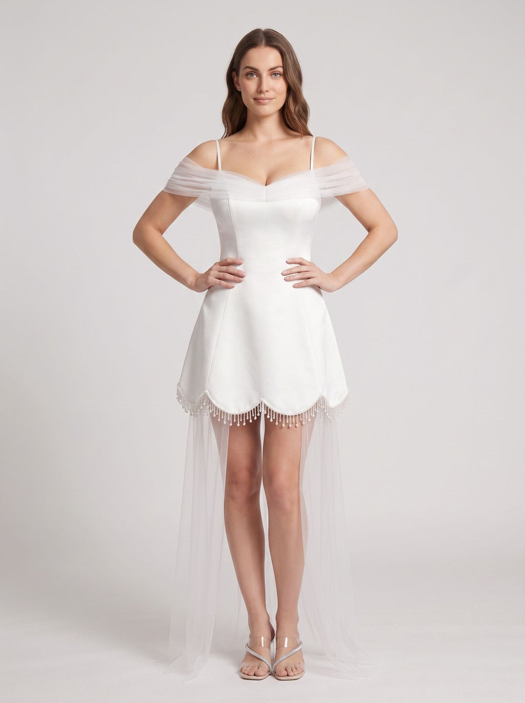White Satin Tulle A-Line Off-the-Shoulder Illusion Mini Dress with Bead-Trimmed Hem - Curvevia