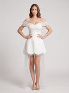 White Satin Tulle A-Line Off-the-Shoulder Illusion Mini Dress with Bead-Trimmed Hem - Curvevia
