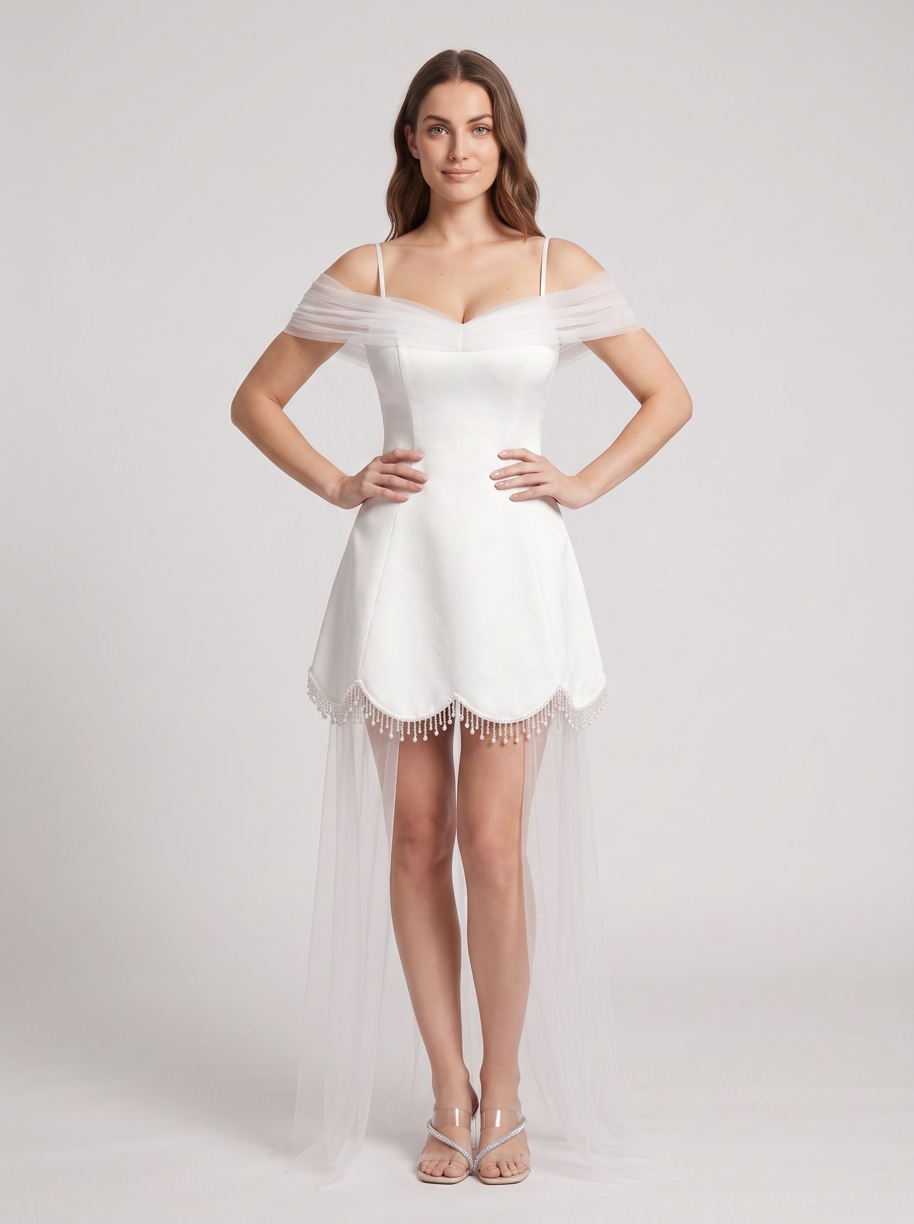 White Satin Tulle A-Line Off-the-Shoulder Illusion Mini Dress with Bead-Trimmed Hem - Curvevia