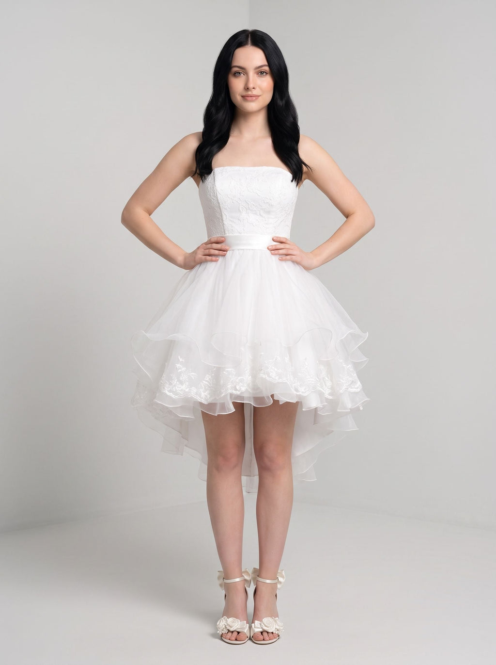 White Tulle A-Line Straight Neck Back Zip Short Dress - Curvevia