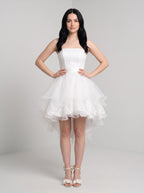 White Tulle A-Line Straight Neck Back Zip Short Dress - Curvevia