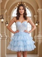 Sky Blue Sequins A-Line Sweetheart Lace-up Short Dress with Corset Bodice - Curvevia