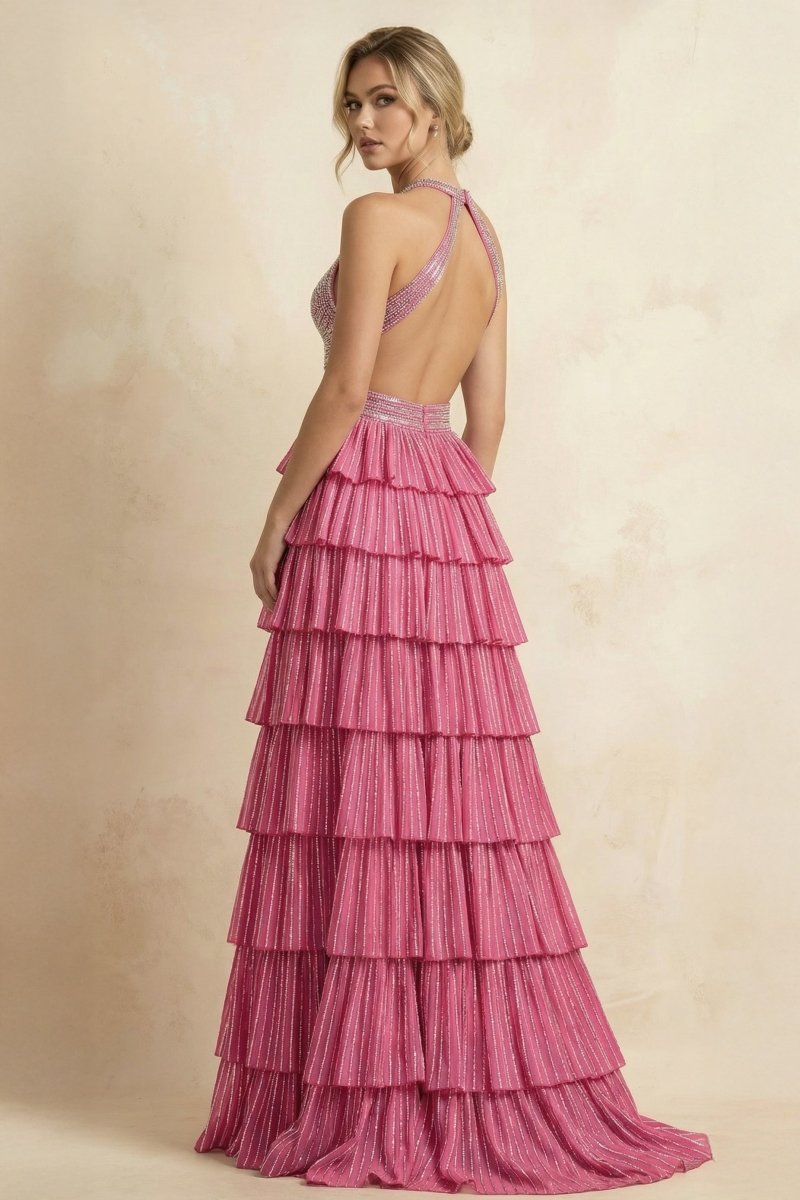 Royal Blue A-Line Halter Satin Beaded Long Wedding Guest Dress With Ruffles - Curvevia