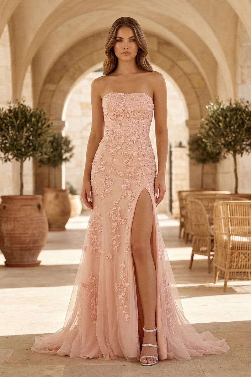 Mermaid Strapless Lace Long Evening Dress with Slit - Curvevia