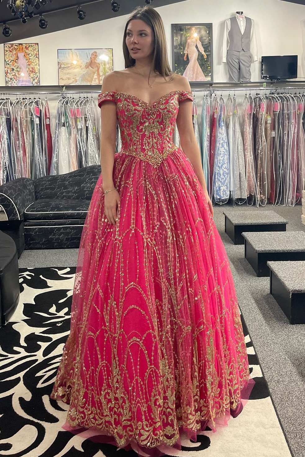 Quinceanera Dress Princess Off-the-Shoulder Red Sequin Lace Ball Gown - Curvevia