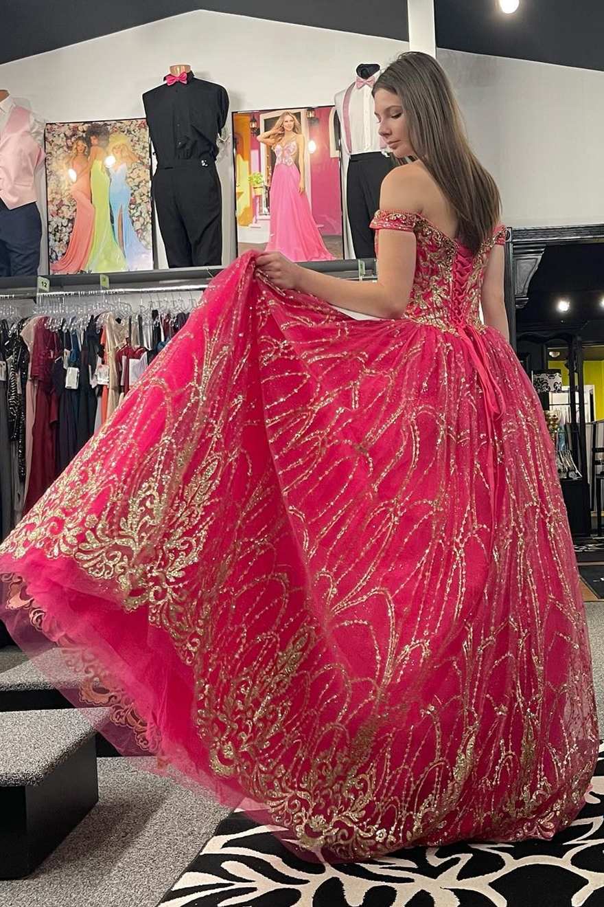 Quinceanera Dress Princess Off-the-Shoulder Red Sequin Lace Ball Gown - Curvevia