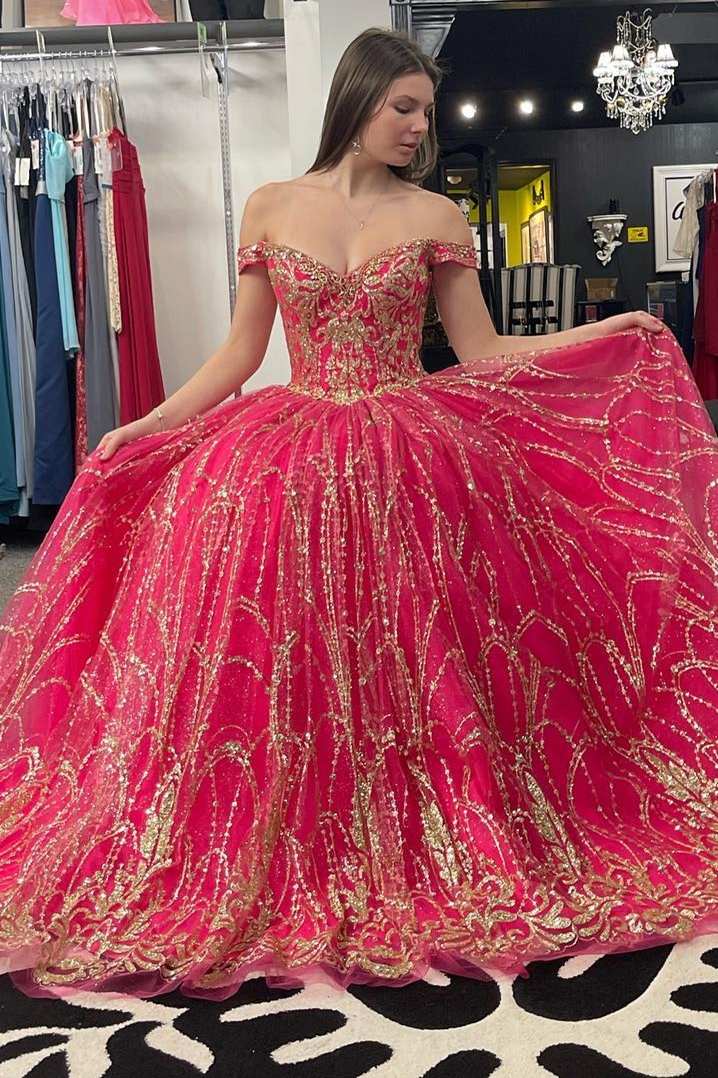 Quinceanera Dress Princess Off-the-Shoulder Red Sequin Lace Ball Gown - Curvevia