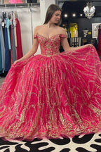 Quinceanera Dress Princess Off-the-Shoulder Red Sequin Lace Ball Gown - Curvevia