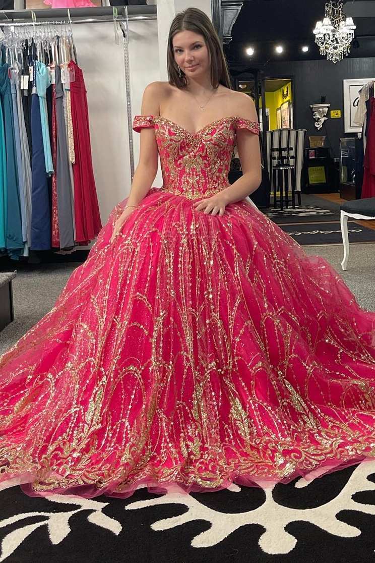 Quinceanera Dress Princess Off-the-Shoulder Red Sequin Lace Ball Gown - Curvevia
