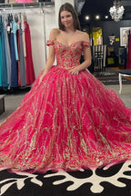 Quinceanera Dress Princess Off-the-Shoulder Red Sequin Lace Ball Gown - Curvevia