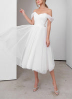 Sweet A-Line Off-The-Shoulder Little White Tulle Wedding Dresses - Curvevia