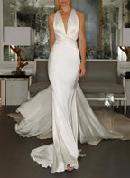 Mermaid V-Neck Sleeveless Sweep Train Silk Like Satin Wedding Dresses - Curvevia