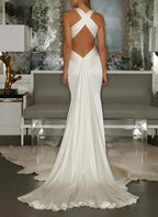 Mermaid V-Neck Sleeveless Sweep Train Silk Like Satin Wedding Dresses - Curvevia