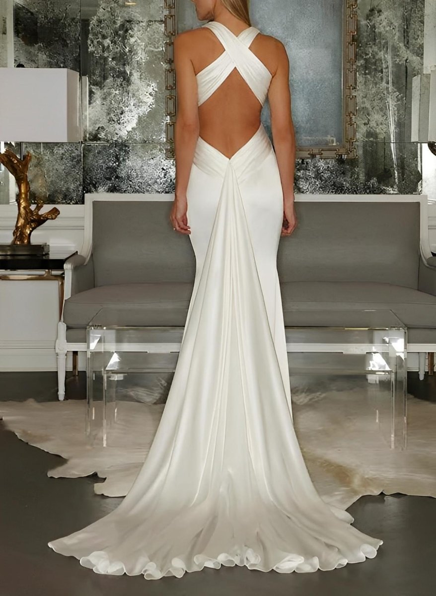 Mermaid V-Neck Sleeveless Sweep Train Silk Like Satin Wedding Dresses - Curvevia