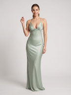 Mint Green Satin Mermaid V-Neck Backless Floor-Length Dress with Ruched Bodice - Curvevia