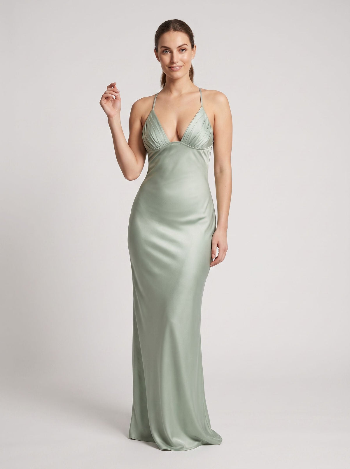 Mint Green Satin Mermaid V-Neck Backless Floor-Length Dress with Ruched Bodice - Curvevia