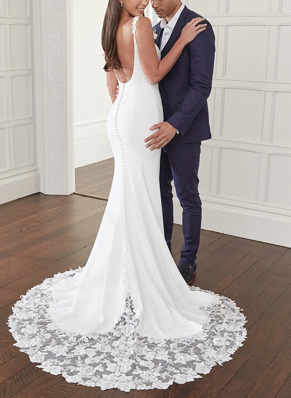 Trumpet Mermaid Square Neckline Lace Elastic Satin Wedding Dresses - Curvevia