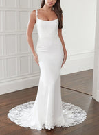 Trumpet Mermaid Square Neckline Lace Elastic Satin Wedding Dresses - Curvevia