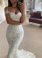 Mermaid Off-The-Shoulder Sleeveless Lace Wedding Dresses - Curvevia