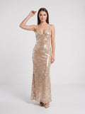 Champagne Sequins Sheath V-Neck Criss-Cross Straps Floor-Length Dress with Open Back - Curvevia