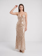 Champagne Sequins Sheath V-Neck Criss-Cross Straps Floor-Length Dress with Open Back - Curvevia