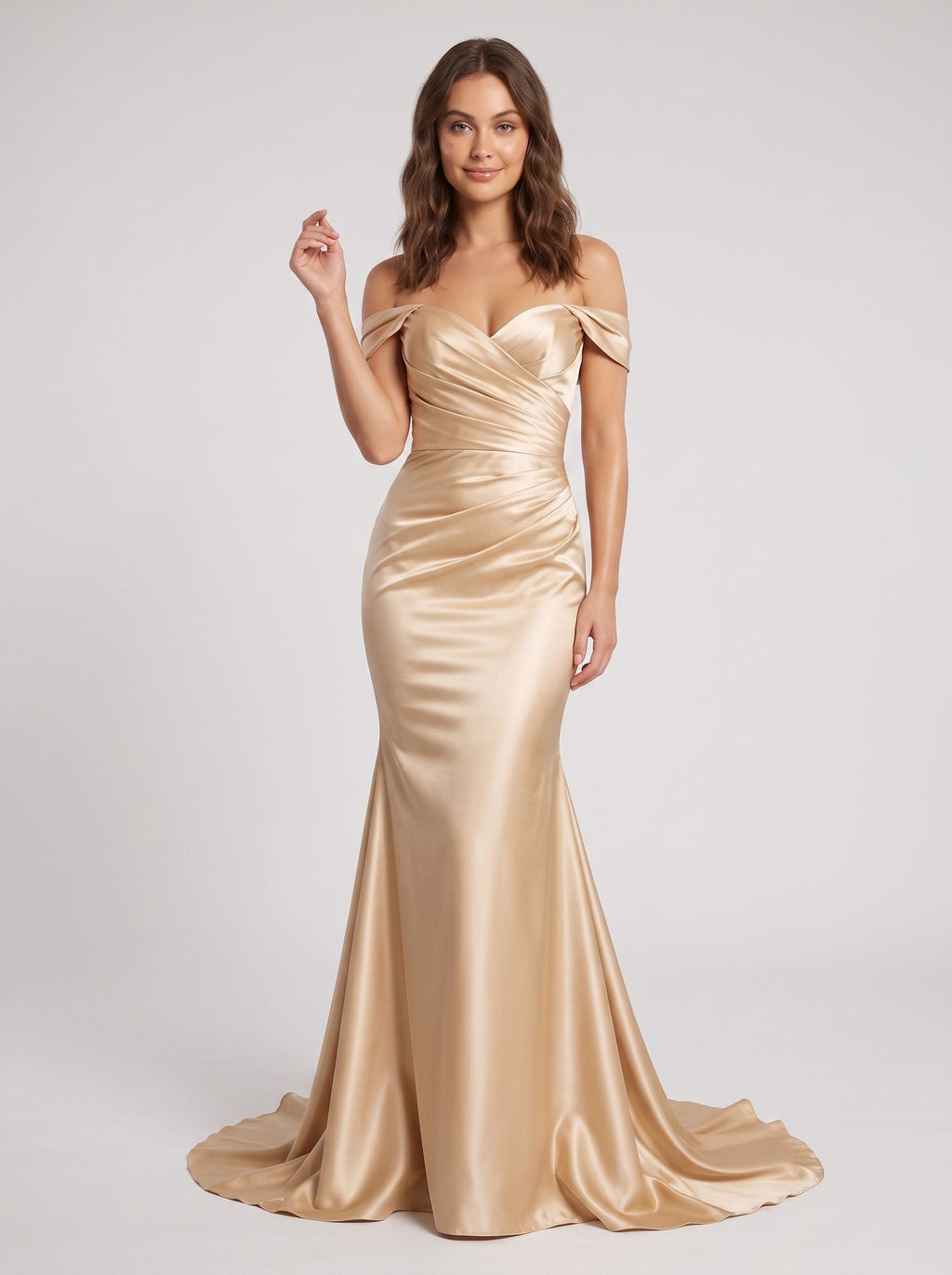 Gold Satin Mermaid Off-the-Shoulder Back Zip Floor-Length Dress with Ruched Bodice & Sweep Train - Curvevia