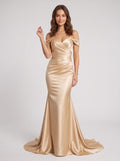 Gold Satin Mermaid Off-the-Shoulder Back Zip Floor-Length Dress with Ruched Bodice & Sweep Train - Curvevia